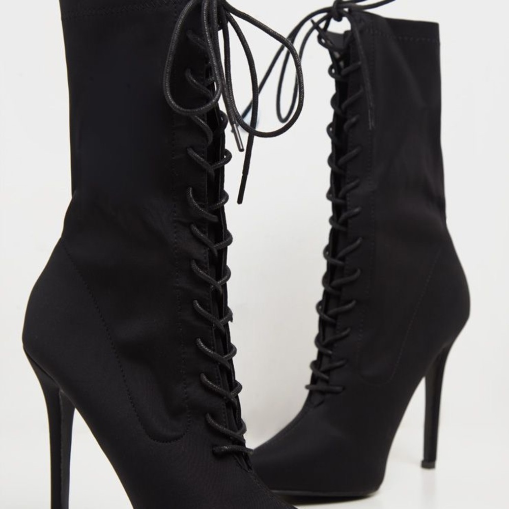 Pretty little thing black lace up sock boots